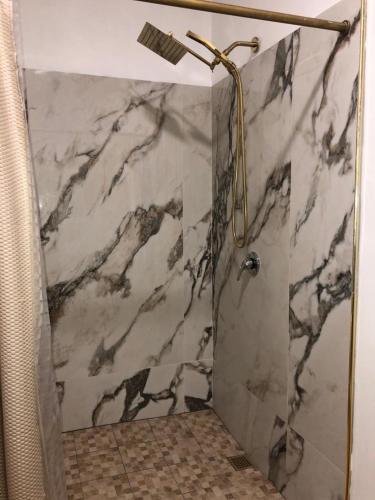 a shower in a bathroom with a marble wall at Banyan Rose Room 4 in Orange Walk