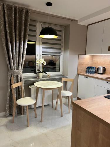 a kitchen with a table and chairs in a kitchen at Apartament CITY Ustroń in Ustroń
