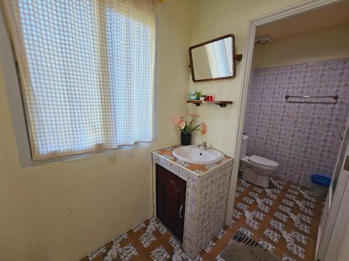 La salle de bains est pourvue d'un lavabo, de toilettes et d'un miroir. dans l'établissement Baan suan khun ta บ้านพักสวนคุณตา, à Ko Chang