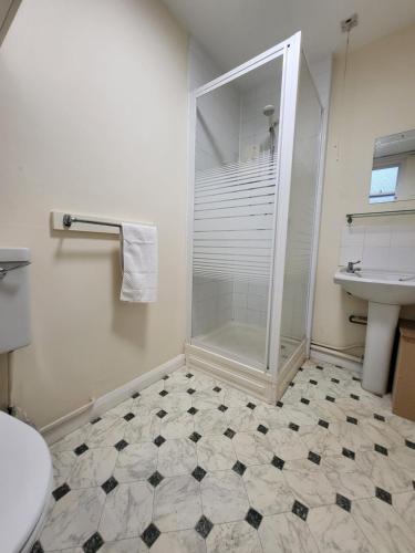 a bathroom with a shower and a toilet and a sink at York Minster Garden in York