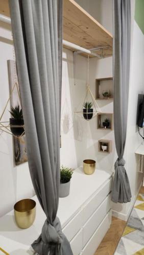 une chambre avec des plantes en pot et un rideau dans l'établissement Douai est à vous !, à Douai