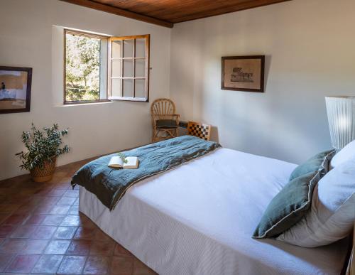 una camera con un grande letto e una finestra di Domaine de Valloncourt a Cheval-Blanc