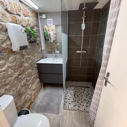 une salle de bain avec une douche, des toilettes et un lavabo dans l'établissement Gîte des 3 vallées - Le soleil des Cévennes, à Saint-Jean-du-Gard