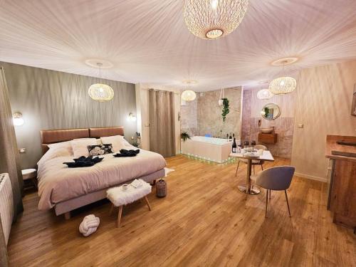 1 dormitorio con 1 cama grande y baño en La Parenthèse - Votre Cocon au Centre d'Oyonnax, en Oyonnax