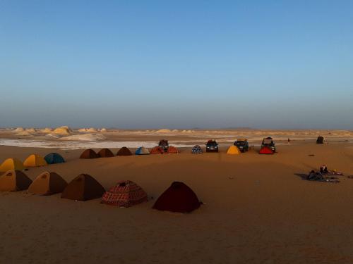 a group of tents in the sand on a beach at White Desert trip in Az Zabū