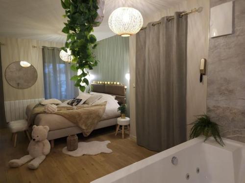 1 dormitorio con 1 cama con osito de peluche y bañera en La Parenthèse - Votre Cocon au Centre d'Oyonnax, en Oyonnax