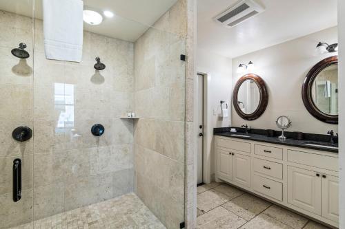 a bathroom with a shower and a sink at Blacksmith Quarters in Fredericksburg