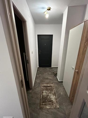 a hallway with a black door and a rug at Cozy Home Studio in Petroşani