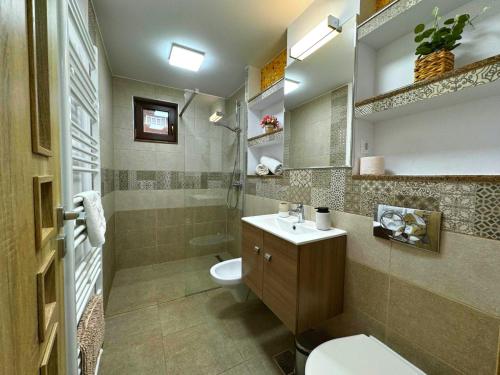 a bathroom with a toilet and a sink and a mirror at Boulevard Flat in Alba Iulia