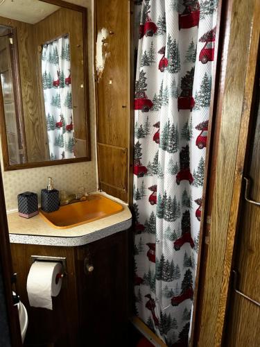 a bathroom with a sink and a christmas shower curtain at Studio Black Castle RV in Miami