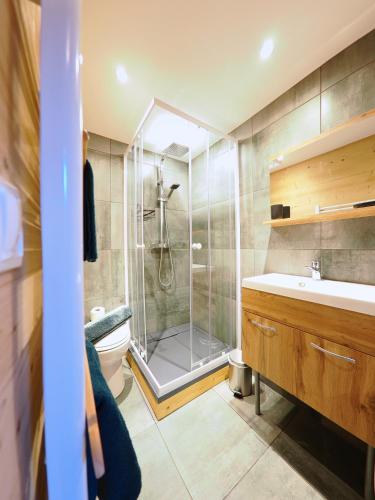 une salle de bain avec une douche, des toilettes et un lavabo dans l'établissement Le Nid Cosy, à Passy