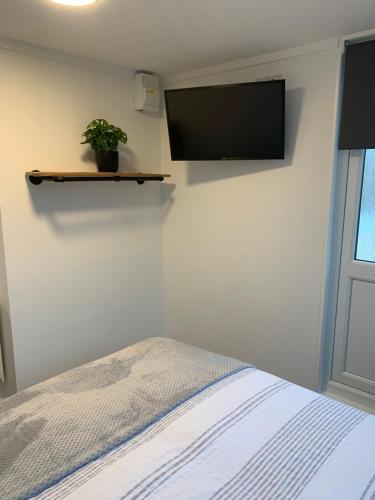 sypialnia z łóżkiem i telewizorem na ścianie w obiekcie Payne’s Pad w Poole