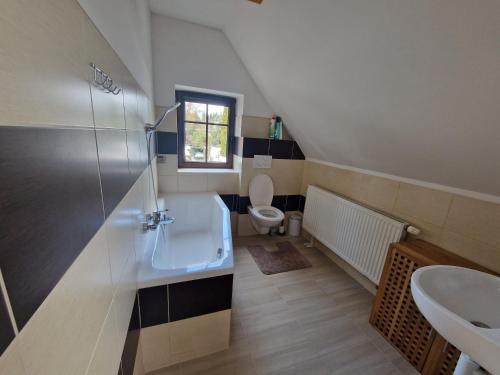 La salle de bains est pourvue d'un lavabo, d'une baignoire et de toilettes. dans l'établissement Chalupa U potoka, à Červená Voda