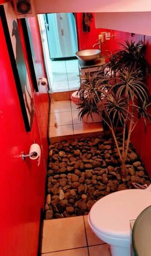 a bathroom with a red door and a toilet at Disfruta de la ciudad en un espacio tranquilo! in Guadalajara
