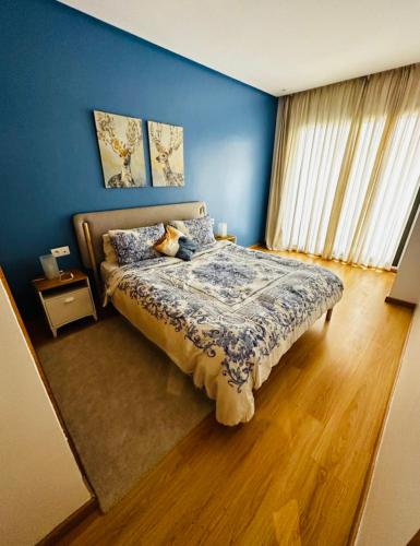 - une chambre bleue avec un lit avec un chat dans l'établissement Tazi studio 2, à Casablanca