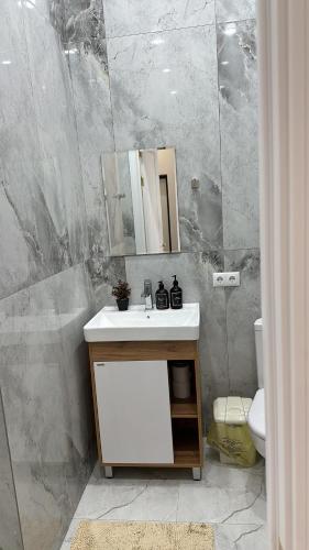 La salle de bains est pourvue d'un lavabo et d'un miroir. dans l'établissement Люкс-апартаменты в центре левого берега, à Taldykolʼ