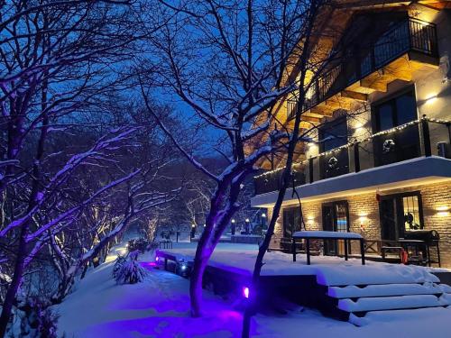 un edificio en la nieve por la noche en CROFT Villa, en Gorovani