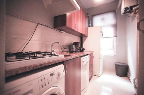 イスタンブールにあるHistorical Apartment back to Galata Towerの小さなキッチン(コンロ、冷蔵庫付)