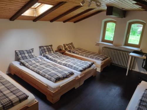Cette chambre comprend trois lits et deux fenêtres. dans l'établissement Haus Oberwössen, à Unterwössen