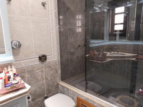 uma casa de banho com um chuveiro, um WC e um lavatório. em Lindissíma casa com piscina Blumenau próx praias em Blumenau