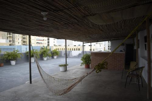 a hammock on a patio with potted plants at Casa Matuna - Cartagena in Cartagena de Indias