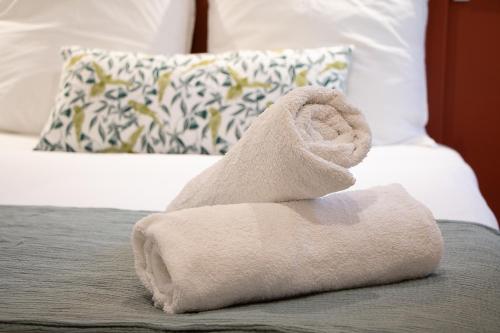 - une serviette assise au-dessus du lit dans l'établissement Appartement Cosy Nîmes-Centre 2, à Nîmes
