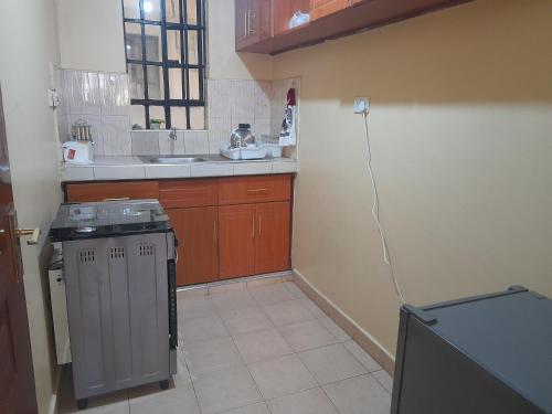 Il comprend une petite cuisine équipée d'une cuisinière et d'un évier. dans l'établissement Pk cosy apartment, à Nairobi
