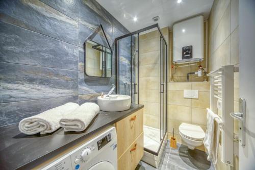 ein Badezimmer mit einem Waschbecken und einer Waschmaschine in der Unterkunft Le Rendez vous au chalet des grenoblois in Grenoble