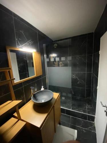 une salle de bain avec un lavabo et une douche dans l'établissement Appartement avec jacuzzi, sauna, jardin, à Bondy