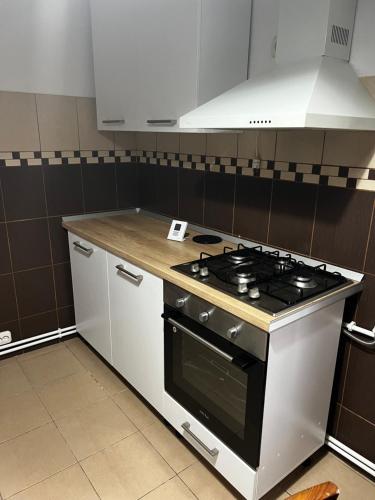 a kitchen with a stove and white cabinets at Mona Apartment Taxi#Airport #PARKING#BUCHAREST#THERME in Otopeni