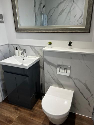 a bathroom with a white toilet and a sink at Ripon House in Dallington