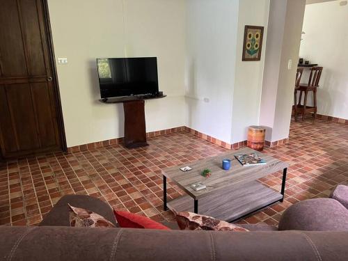 sala de estar con sofá y mesa de centro en Asis wildlife sanctuary apartment 30 min from La Fortuna, en Jabillos