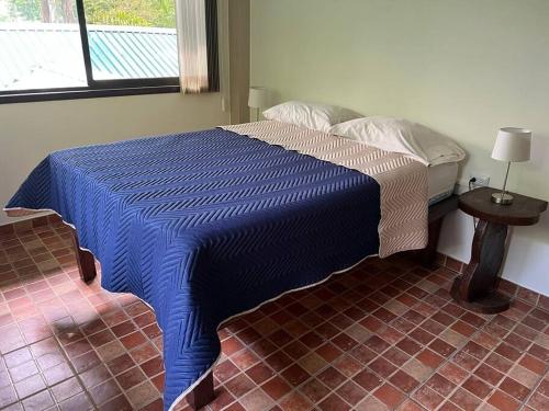 een bed met een blauw dekbed in een slaapkamer bij Asis wildlife sanctuary apartment 30 min from La Fortuna in Jabillos