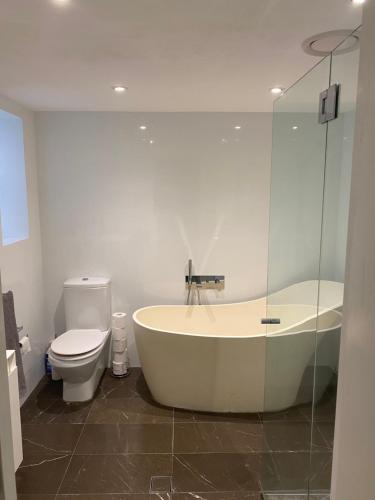 a bathroom with a tub and a toilet at Garden flat, NORTH SYDNEY in Sydney