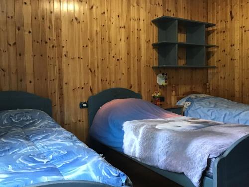 two beds in a room with wooden walls at Piazzagemelliholiday in Madesimo