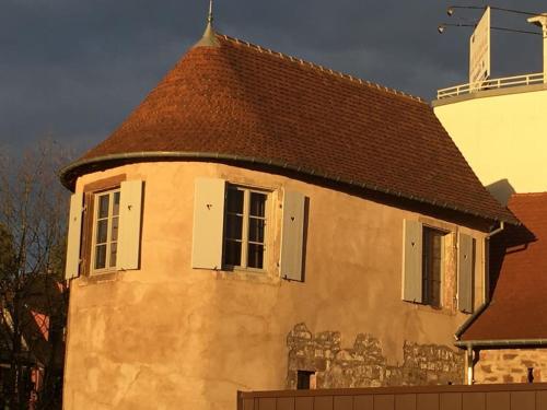 an old building with a brown roof and windows at Gîte La Tour des Remparts Pool & Jacuzzi in Saverne