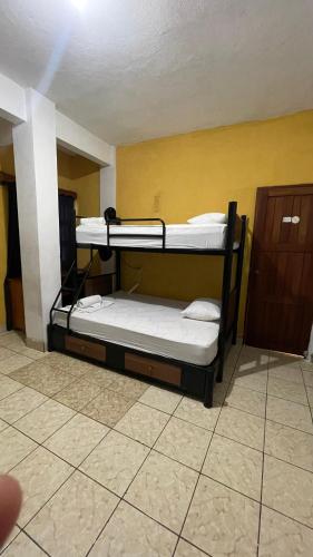two bunk beds in a room with a yellow wall at Natz Hotel in Flores