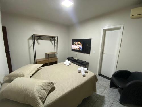 Schlafzimmer mit einem Bett, einem TV und einem Stuhl in der Unterkunft Espaço confortável no centro da cidade in Foz do Iguaçu