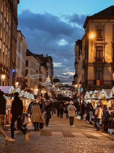 a crowd of people walking down a city street at night at Central Belgium in Brussels