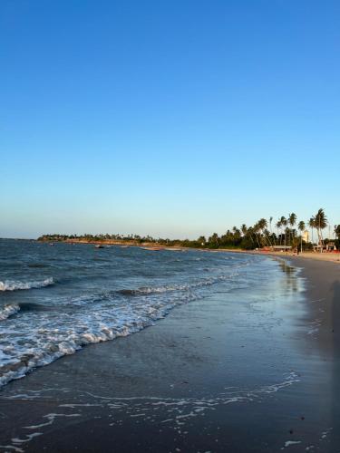 an empty beach with palm trees and the ocean at Pousada Makai - Cajueiro da Praia in Barra Grande