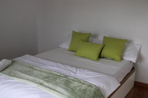 a bed with green and white pillows on it at Reverdecer 2 in Madrid