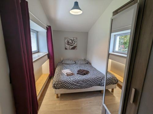 Dormitorio pequeño con cama y espejo en Gîte Chantraine, 2 pièces, 2 personnes - FR-1-589-278, en Chantraine
