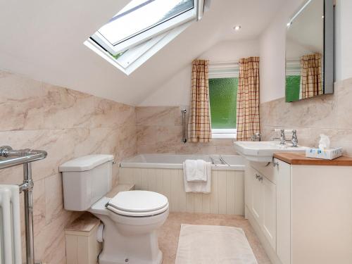 a bathroom with a toilet and a tub and a sink at Carreg Yr Eos - Cottage in Fishguard