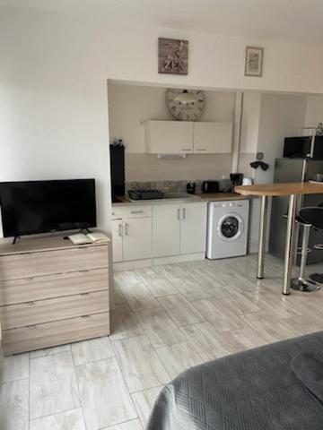 Il comprend un salon doté d'une télévision, d'une table et d'une cuisine. dans l'établissement La plénitude Appt 124, à Sens