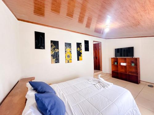 ein Schlafzimmer mit einem Bett und einem Fernseher an der Wand in der Unterkunft Kiwi House in Monteverde Costa Rica
