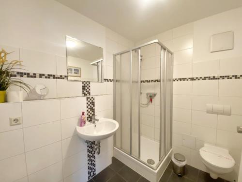 Stralsund - Haus Gohr, Quartier 1 في شترالزوند: حمام مع دش ومغسلة ومرحاض