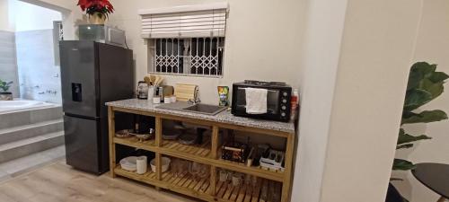 a kitchen with a counter with a sink and a refrigerator at Millwood House in Durban