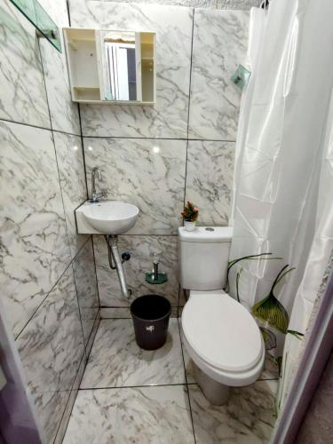 La salle de bains est pourvue de toilettes et d'un lavabo. dans l'établissement Solar palmer 6, à Cabo Frio