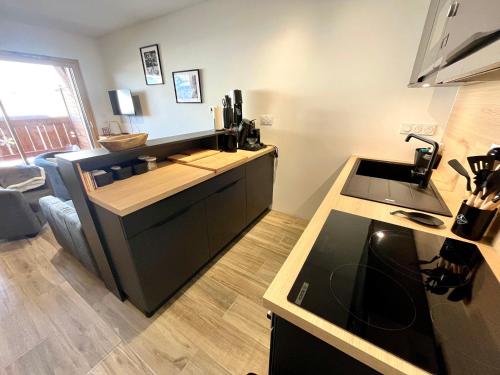 a kitchen with a counter with a sink and a stove at Appartement Notre-Dame-de-Bellecombe, 3 pièces, 4 personnes - FR-1-505-203 in Notre-Dame-de-Bellecombe