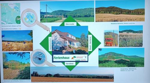 a collage of pictures of houses and forests at Ferienhaus Waldperle Harzblick in Wernrode